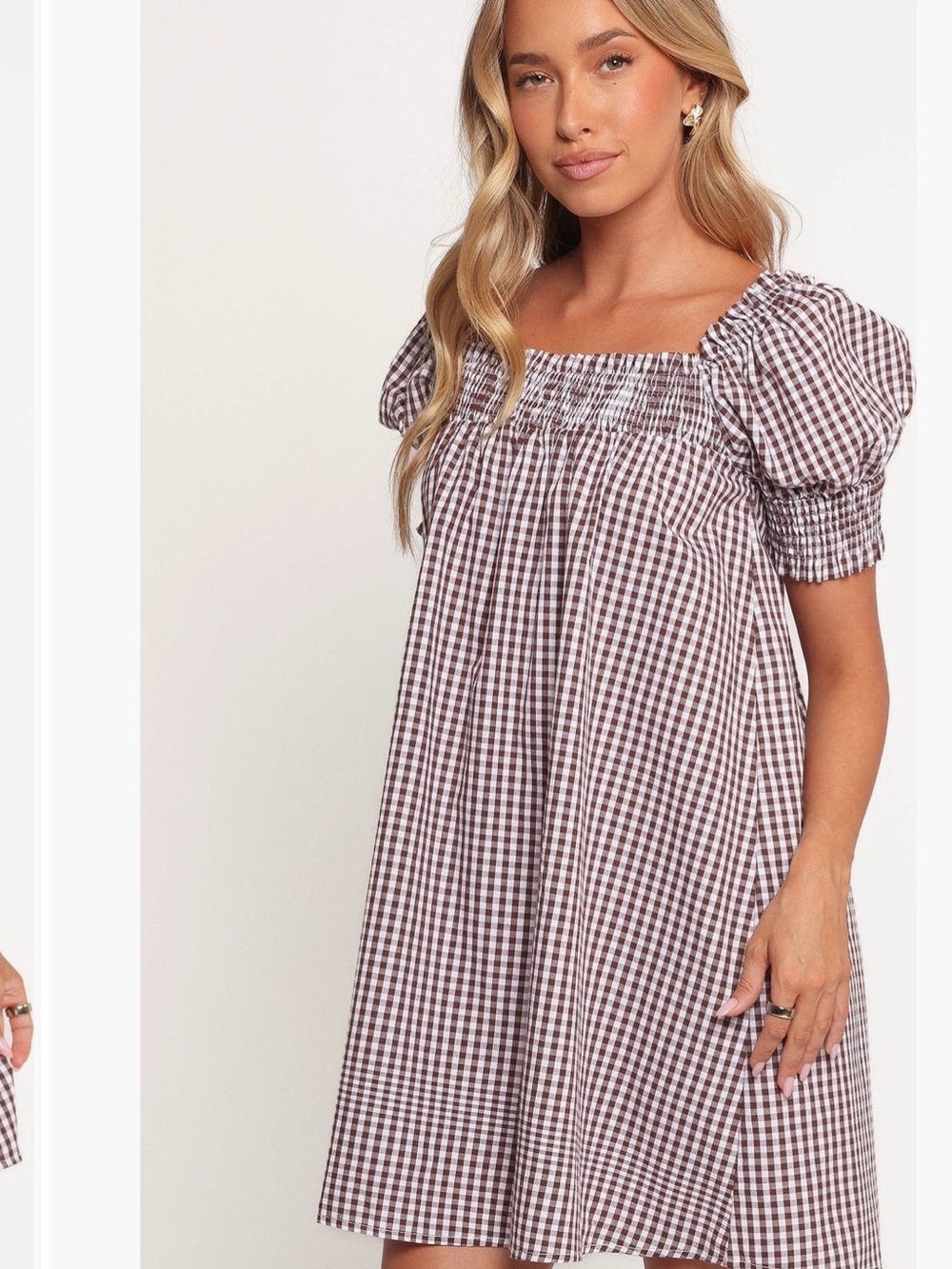 Petal & Pup Kennedy puff sleeve brown and White Gingham Mini Dress